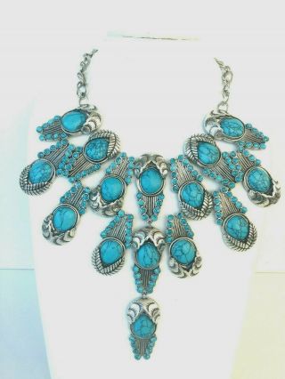 Iris Apfel Southwest Inspired Simulated Turquoise And Antique Silver Necklace