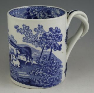 Antique Pottery Pearlware Blue Transfer Adams Cattle Scenery Mug,  C.  1880