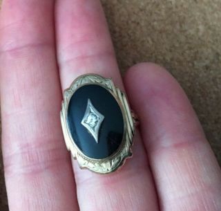 Antique Victorian Mourning 10k Gold Onyx And Diamond Locket Ring Sz 4.  5