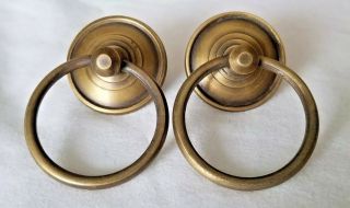 2 Rustic Antique Style Brass Round Ring Pull Handles 1 - 3/8 " Backplate Z64