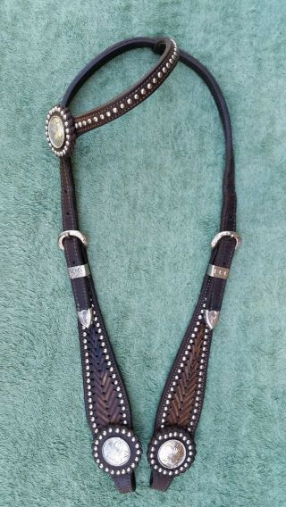 Quality Leather One Ear Headstall Bridle Buckaroo Dots Silver Trim