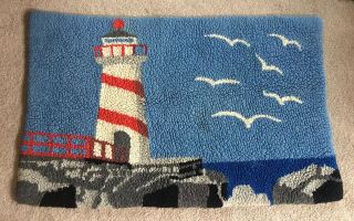 Antique Hand Made Wool Hooked Rug Lighthouse 34” X 22” Cottage Chic