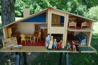 Vintage German Wooden Doll House W/ Furniture And Dolls