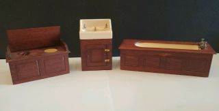 3 Piece Set Of Vintage Dollhouse Miniatures Wood Bath Tub Sink Toilet