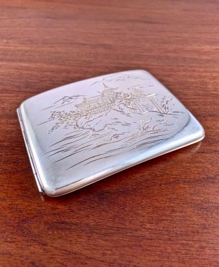 Japanese Sterling Silver 950 Cigarette / Card Case: Engraved Temple & Mountains