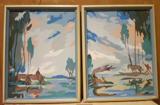 Vintage 1953 Set Of 2 Paint By Number Pann Prod " Misty Morn " Paintings Framed