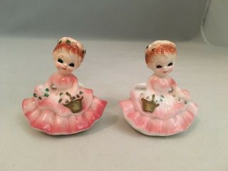 Cute Vintage Antique Porcelain Napkin Holders Fancy Lady Pink Dress Flower Japan