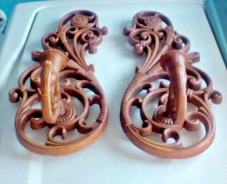 Vintage Pair Brown Tone Scroll 14 " Tall Wall Sconces Candle Holders