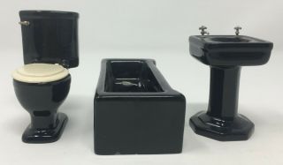 Vintage Black Porcelain Dollhouse Miniature Bathroom Set Tub Sink Toilet