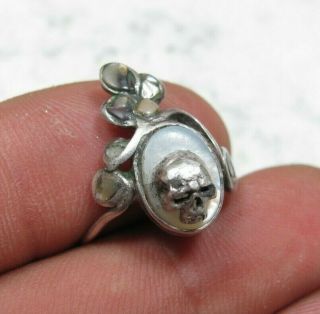 Antique Unique Rare Georgian Victorian Memento Mori Skull Silver Pearl Ring