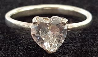 Sterling Silver & Clear Stone Vintage Art Deco Antique Heart Ring - Size R