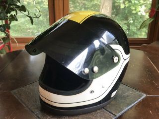VINTAGE 1970 BELL TOPTEX SNELL MOTORCYCLE HELMET SIZE 7 RACING BLK YELLOW WHITE 2