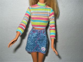 Vintage Barbie Blue Denim Skirt And Stretch Long Sleeve Top
