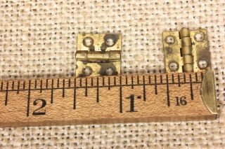 2 Very Tiny Small Brass Hinges Old Door Narrow Butt 1/2 X 1/2” Tarnished Vintage