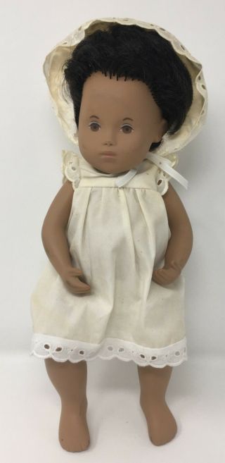 Vintage 12 " Baby Sasha Doll With Sundress Undies Bonnet Dark Brown Hair