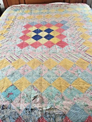 Vintage Handmade Double Sided Feed Sack Boston Commons & 4 Patch Quilt 65 X 79 "