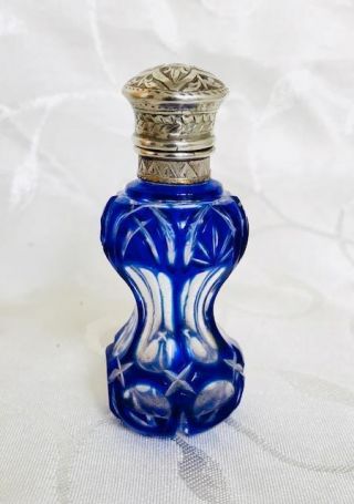 Antique Bristol Blue Overlay Waisted Perfume Scent Bottle Silver Lid Circa 1880