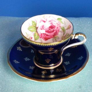 Aynsley Bone China - Cobalt Blue Fleur De Lis Pink Rose - Tea Cup And Saucer