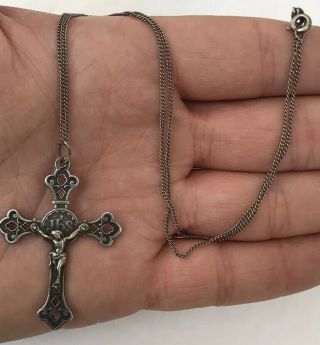 Silver Antique Religious Cross Pendant On Chain (french?)