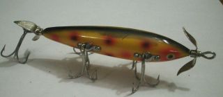 5) Old Wood Vintage Heddon 150 Dowagiac 5 Hook Fishing Lure,  Rare Yellow Design