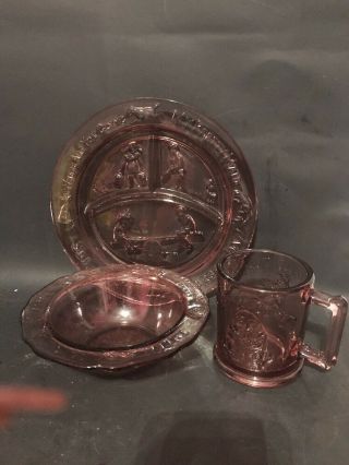 Vintage Tiara Amethyst Glass 3 Pc Child Meal Set Plate Bowl Cup Nursery Rhymes