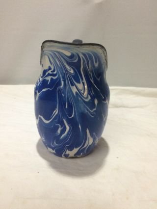 Antique Enamelware Blue & White Swirl Granite Ware Pitcher Good Shape Rare Find 2