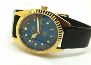 CITIZEN AUTOMATIC MEN,  S GOLD PLATED DAY DATE BLUE DIAL WRIST WATCH RUN ORDERm 2