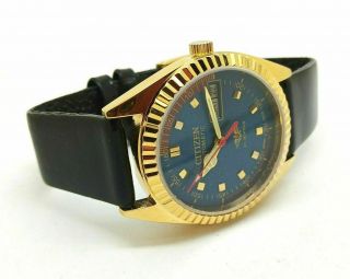 CITIZEN AUTOMATIC MEN,  S GOLD PLATED DAY DATE BLUE DIAL WRIST WATCH RUN ORDERm 3