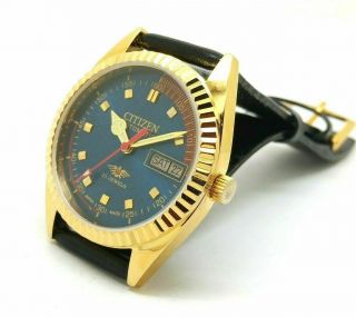 CITIZEN AUTOMATIC MEN,  S GOLD PLATED DAY DATE BLUE DIAL WRIST WATCH RUN ORDERm 5