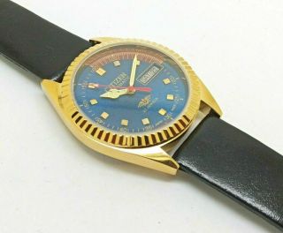 CITIZEN AUTOMATIC MEN,  S GOLD PLATED DAY DATE BLUE DIAL WRIST WATCH RUN ORDERm 7