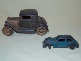2 Antique Arcade Freeport Il Cast Iron Toy Cars Model A Coupe Sedan