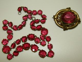 Rare,  Antique,  Victorian Demi - Parure : Necklace & Brooch / Old Cut Pink Paste