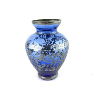 Antique Vintage Cobalt Blue Glass Vase With Silver Overlay 3.  5”