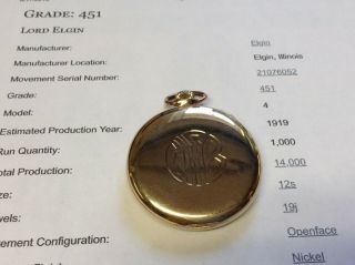 Rare 1919 Lord Elgin Pocket Watch 14k Y Gold 52 Grams Grade 451 19 J 12 Size