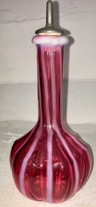 Antique Ribbed Cranberry Striped Opalescent Glass Barber Bottle Fenton Lg Wright