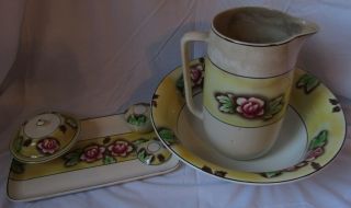 Antique Pitcher And Wash Bowl Set - Tray - Soap & Trinket Dish - Floral - Rare