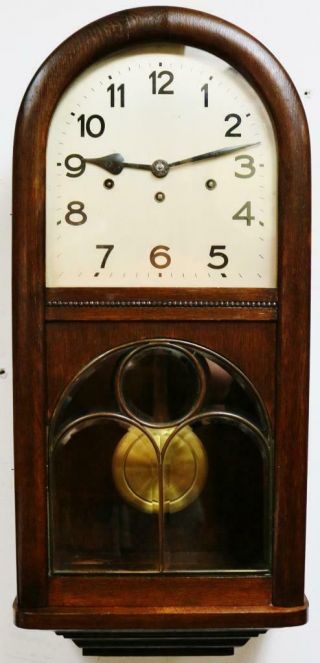 Antique Art Deco German Oak 8 Day Westminster Chimes Musical Wall Clock