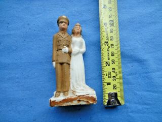 Antique Ceramic Military Wedding Cake Topper,  4 " Wife & Uniformed Husband