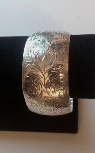 Vintage Antique Sterling Silver Wide Cuff Bracelet Etched Floral Design 1 1/8 