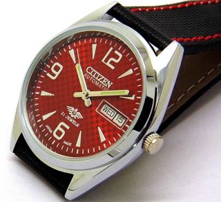 CITIZEN AUTOMATIC MEN,  S STEEL VINTAGE RED DIAL MADE JAPAN WATCH RUN ORDERrr 4