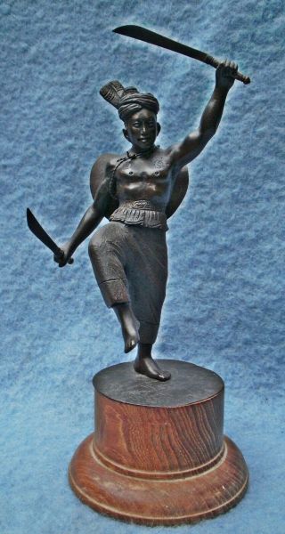 Antique Bronze Burmese Shan Warrior 2 Dha Sword Dancer Asian Thai Krabi Krabong