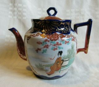 Antique Japanese Porcelain Kutani Teapot Blue Gold Gilt Geisha Landscape