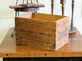 Vintage Industrial Wooden Western Cartridge Co Advertising Crate Box 1920s