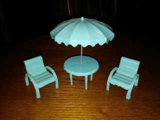 Vintage Marx Dollhouse Outdoor Patio Umbrella Table,  Chairs 1/12 Scale