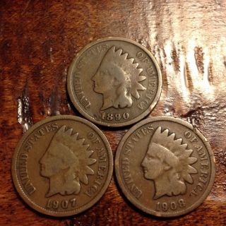 1890,  1907,  1908 Indian Head Penny Antique Cent Post Civil War Rare Us Coin 518f
