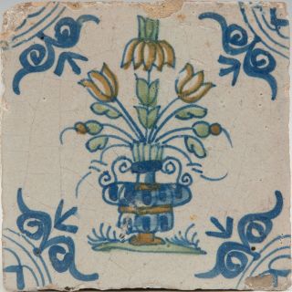 Dutch Delft Polychrome Tile,  Flowerpot,  17th.  Century.