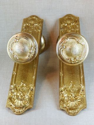Antique Heavy Brass Ornate Door Knobs With Back Plates - Marked Italy - Set Of 2