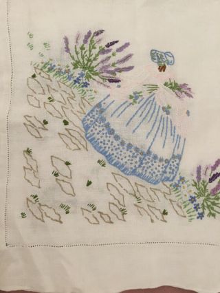 Hand Embroidered Crinoline Lady Linen Table Cloth 36”x36”