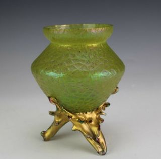 Antique Loetz Austrian Art Nouveau Green Martele Glass Gold Footed Vase Nr Wsc