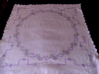 Vintage Tea Room Table Cloth Hand Embroidered Linen - Lilac Flowers - 40 " By 40 "